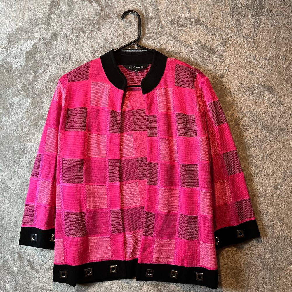 Ming Wang Hot Pink Black Color Checkered Cardigan Jacket Womens Size Large